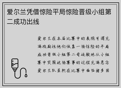 爱尔兰凭借惊险平局惊险晋级小组第二成功出线